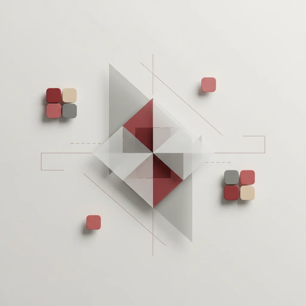 A symbolic editorial illustration showing typography, color palettes, and geometric grids coming together harmoniously