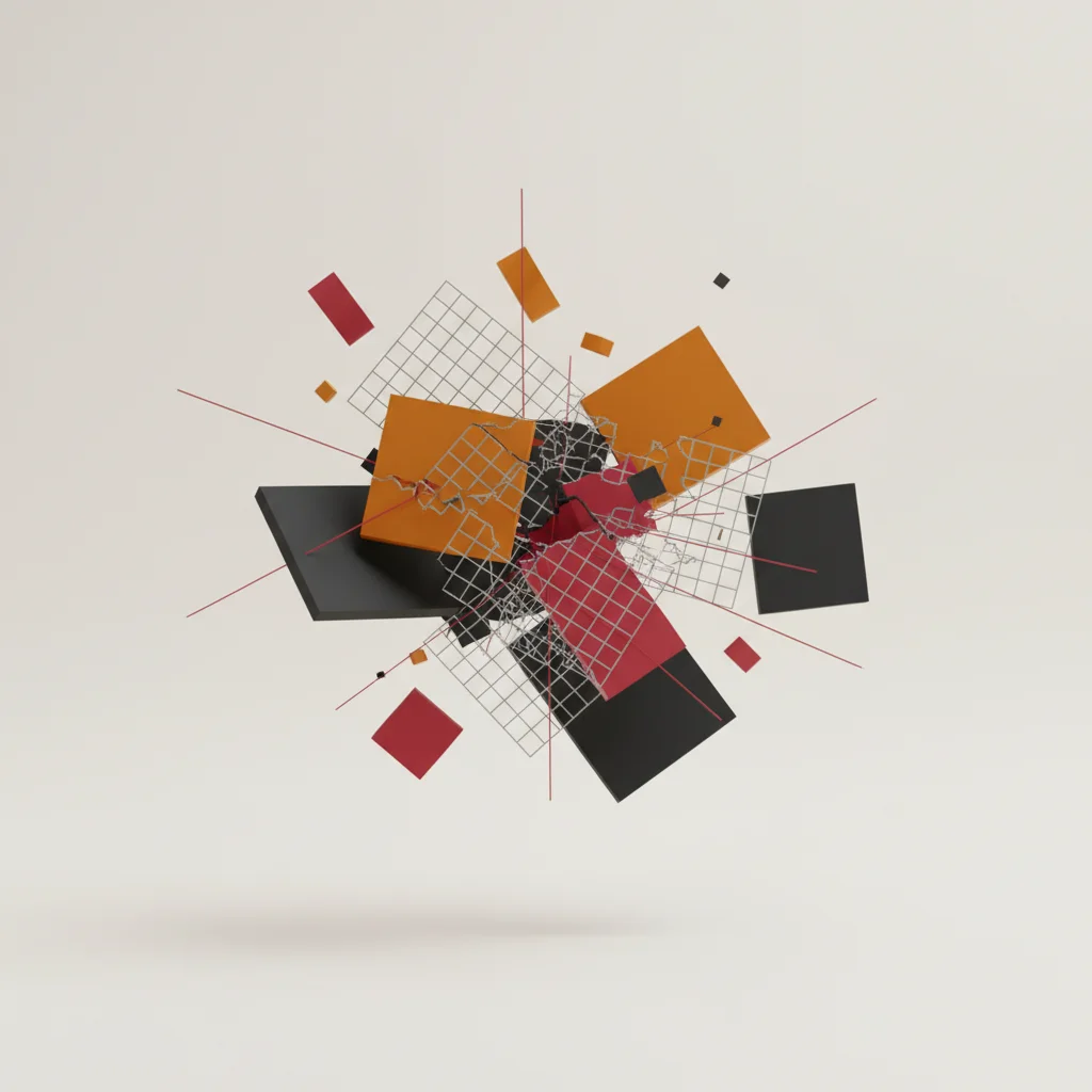 A symbolic editorial illustration showing fractured geometric shapes and discordant design colors