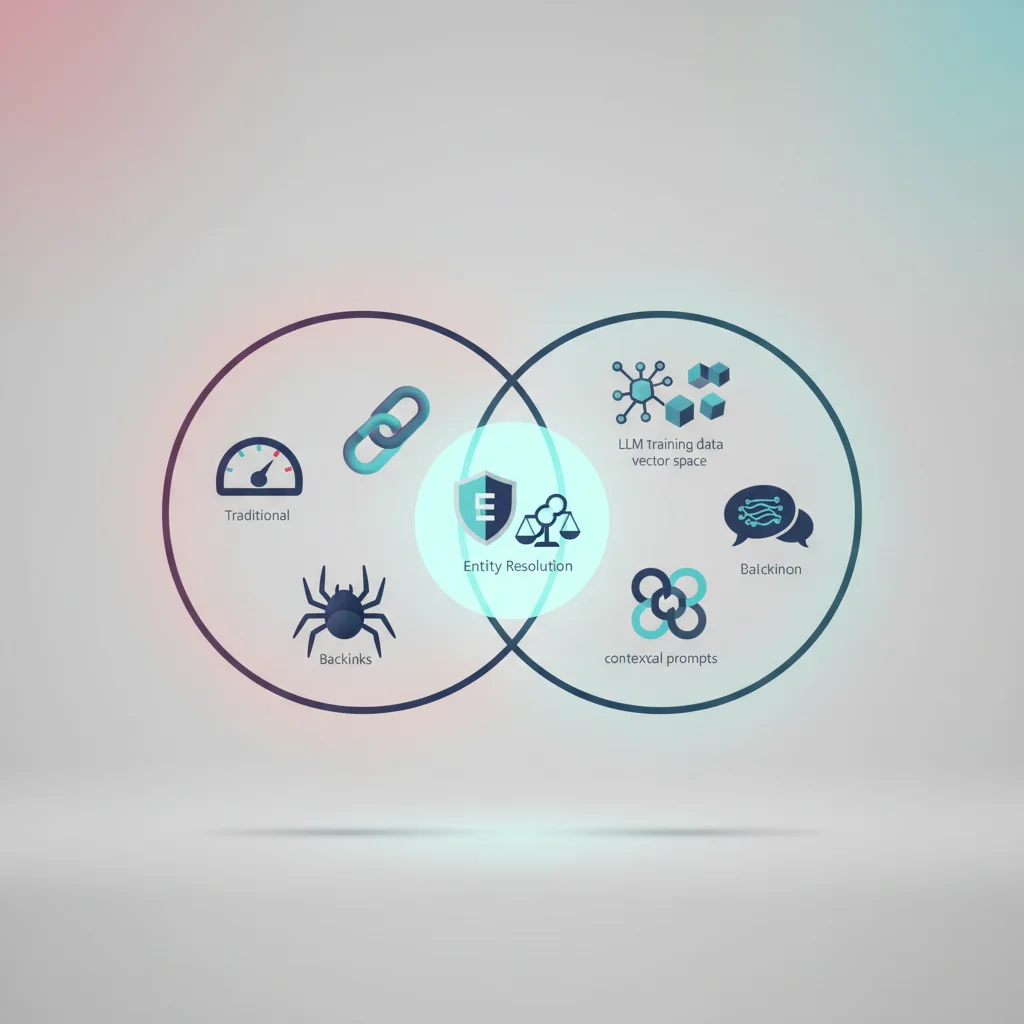 A professional Venn diagram design showing the intersection of SEO and GEO, highlighting E-E-A-T and entity-based content as the core overlap, clean corporate aesthetic.