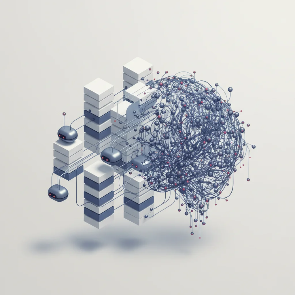 An editorial illustration showing a split screen representing classic mechanical search indexes on one side and a fluid neural network synthesizing answers on the other side, global technology theme.