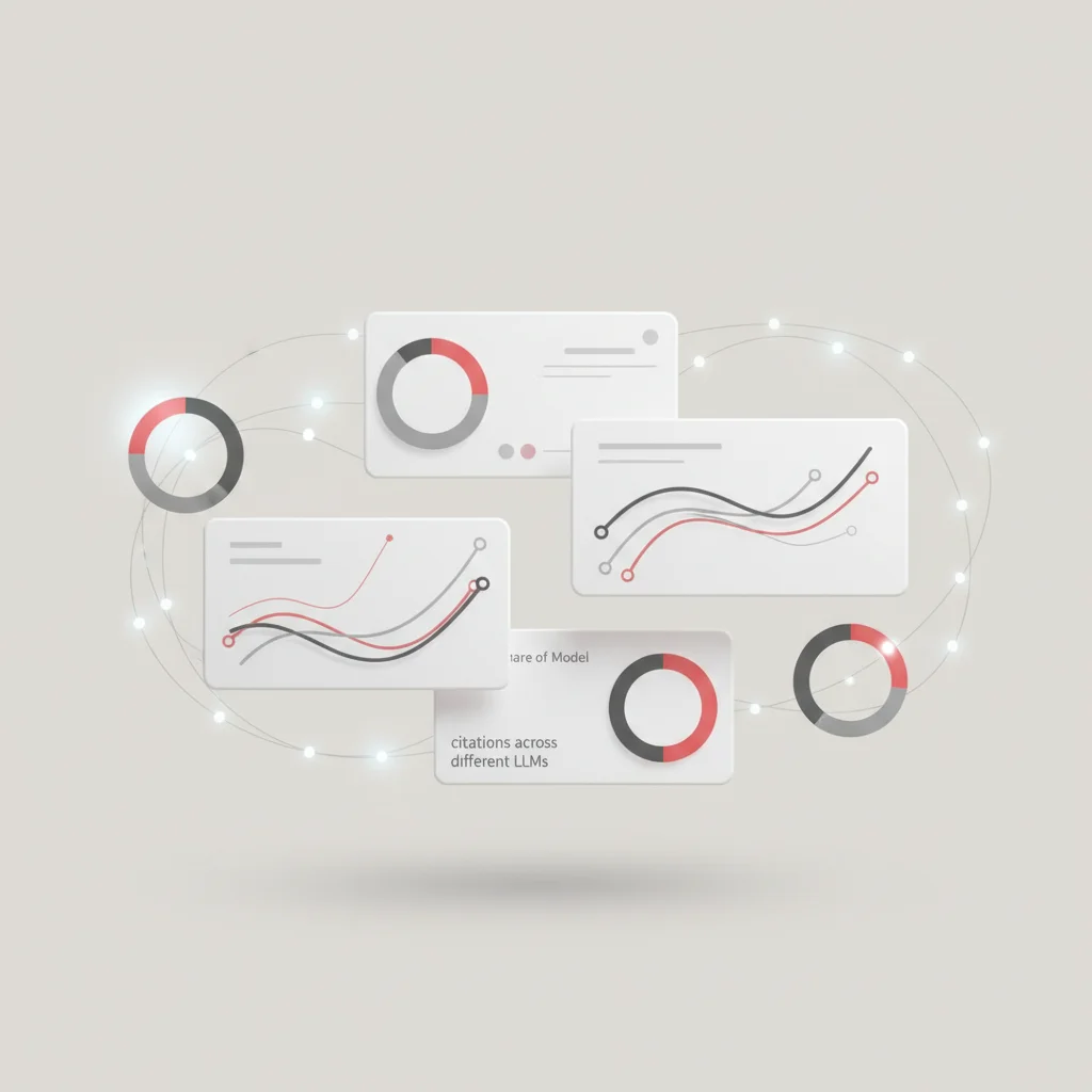 A symbolic editorial style dashboard visual, highlighting multi-platform brand share, LLM citations, and traditional organic traffic working together, corporate style.
