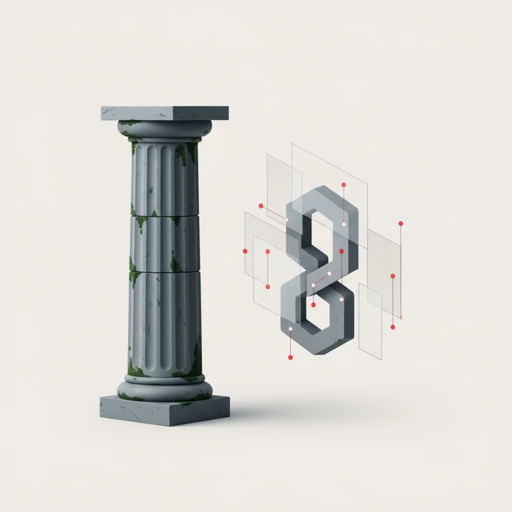 An editorial conceptual representation of a centralized financial institution next to a decentralized key vault
