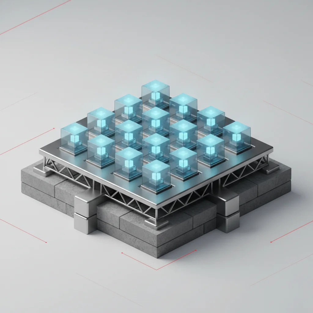 An artistic representation of a solid physical foundation supporting abstract glowing server nodes, signifying robust hosting infrastructure