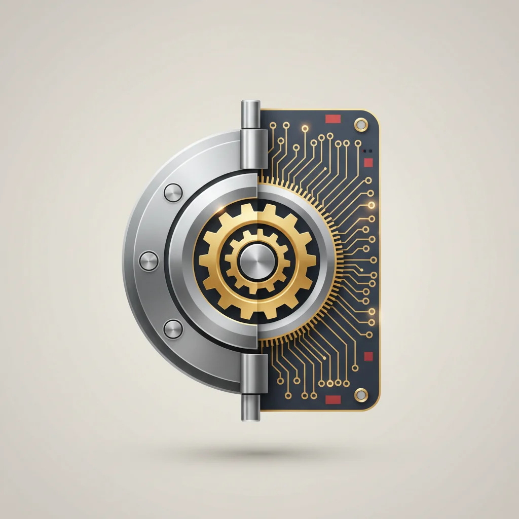 A secure vault door integrated into a glowing digital motherboard, symbolizing deep database and server-level protection