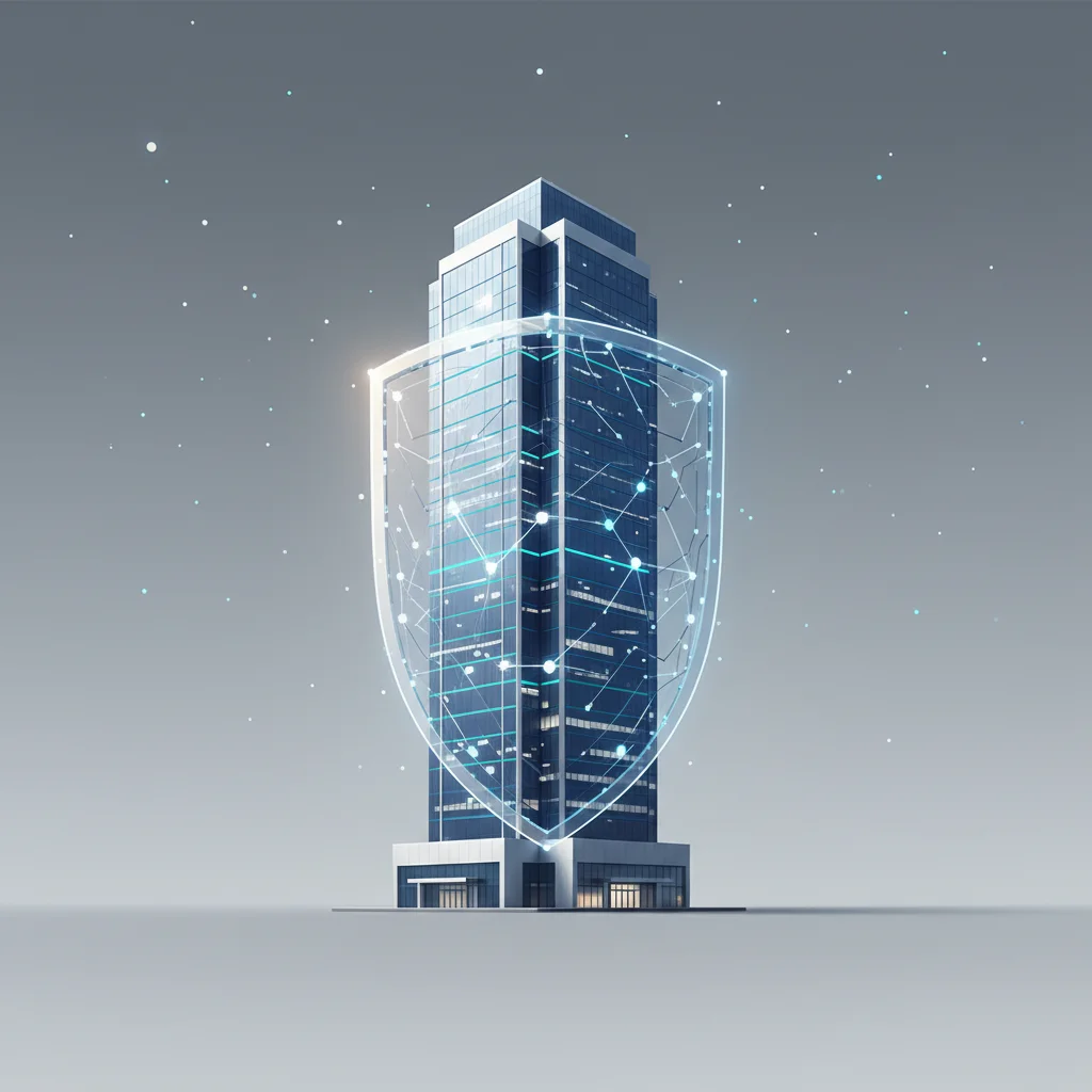 A symbolic corporate office building protected by a glowing cyber shield overlay, representing data security and digital asset protection