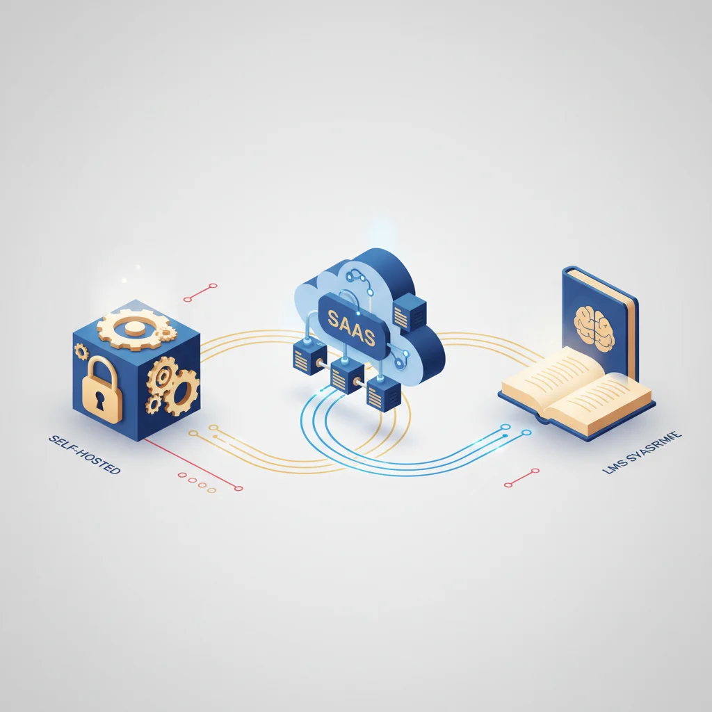 An editorial concept showcasing modular software components, security badges, and cloud hosting diagrams interacting to form a stable learning environment.