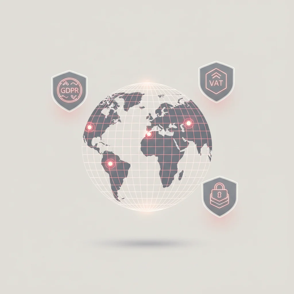 A conceptual world map highlighting different regulatory zones, tax stamps, and privacy lock icons.