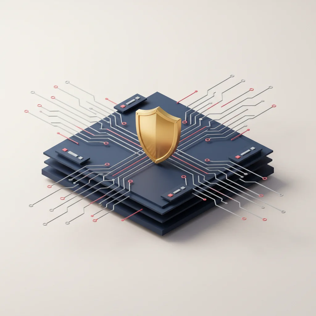 An abstract digital visual showing financial tokens, multi-layered firewall gates, security certificates, and encrypted payment flow maps.