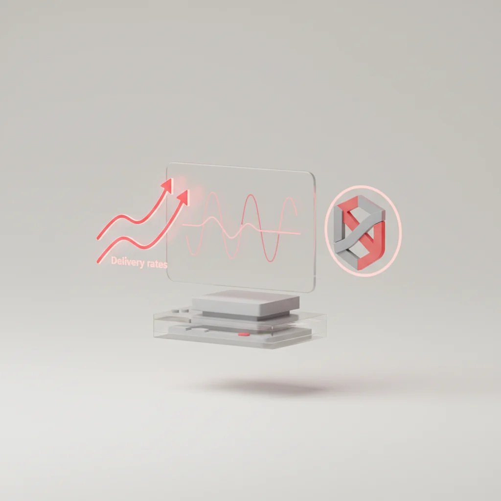 Conceptual illustration of server health metrics, logs analysis, and email validation interfaces