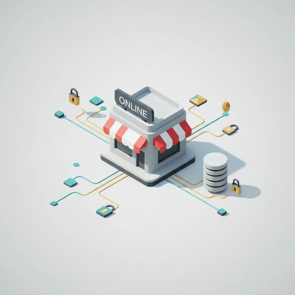 A symbolic editorial illustration of digital data streams connecting an online storefront to analytical processing units, representing seamless conversion tracking and Google Ads integration.
