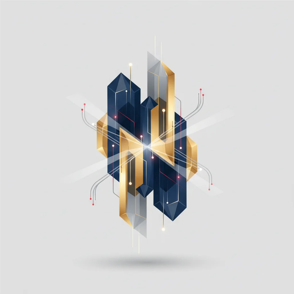 A professional symbolic illustration depicting multidimensional layers of data streams and algorithmic patterns converging into a structured flow