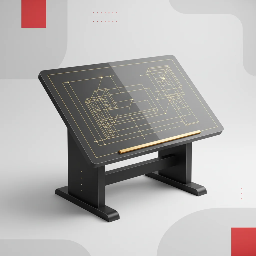 A symbolic editorial design showing a structured architectural blueprint with neat gold geometric patterns on a slate background
