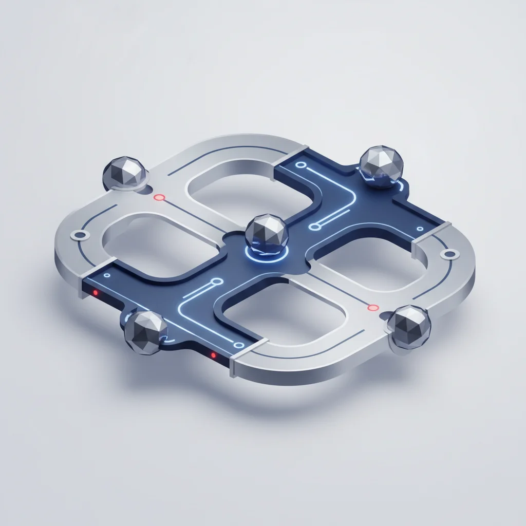 A clean symbolic editorial illustration representing interconnected data nodes, smooth glowing flows connecting databases, and secure API bridges in a modern corporate setting