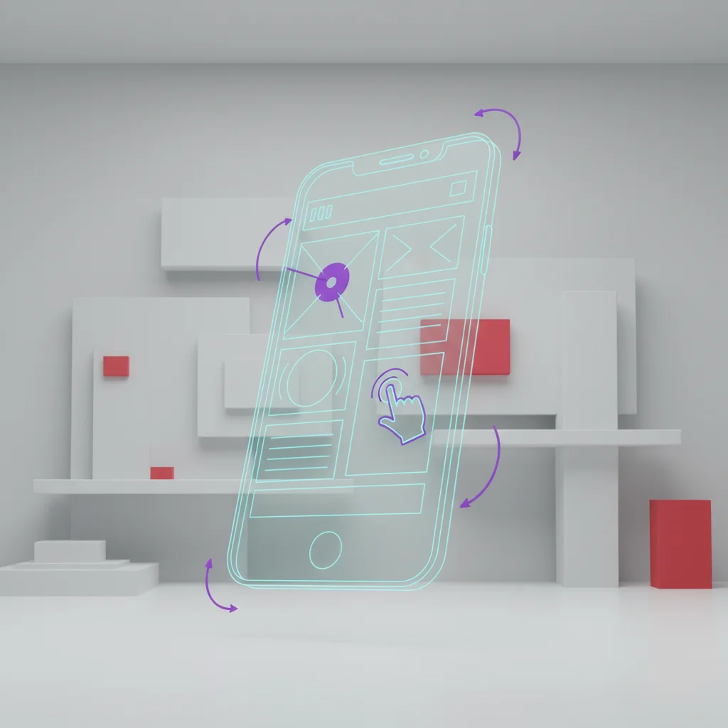 A symbolic editorial illustration of an interactive app wireframe model suspended in mid-air, being adjusted by glowing tools