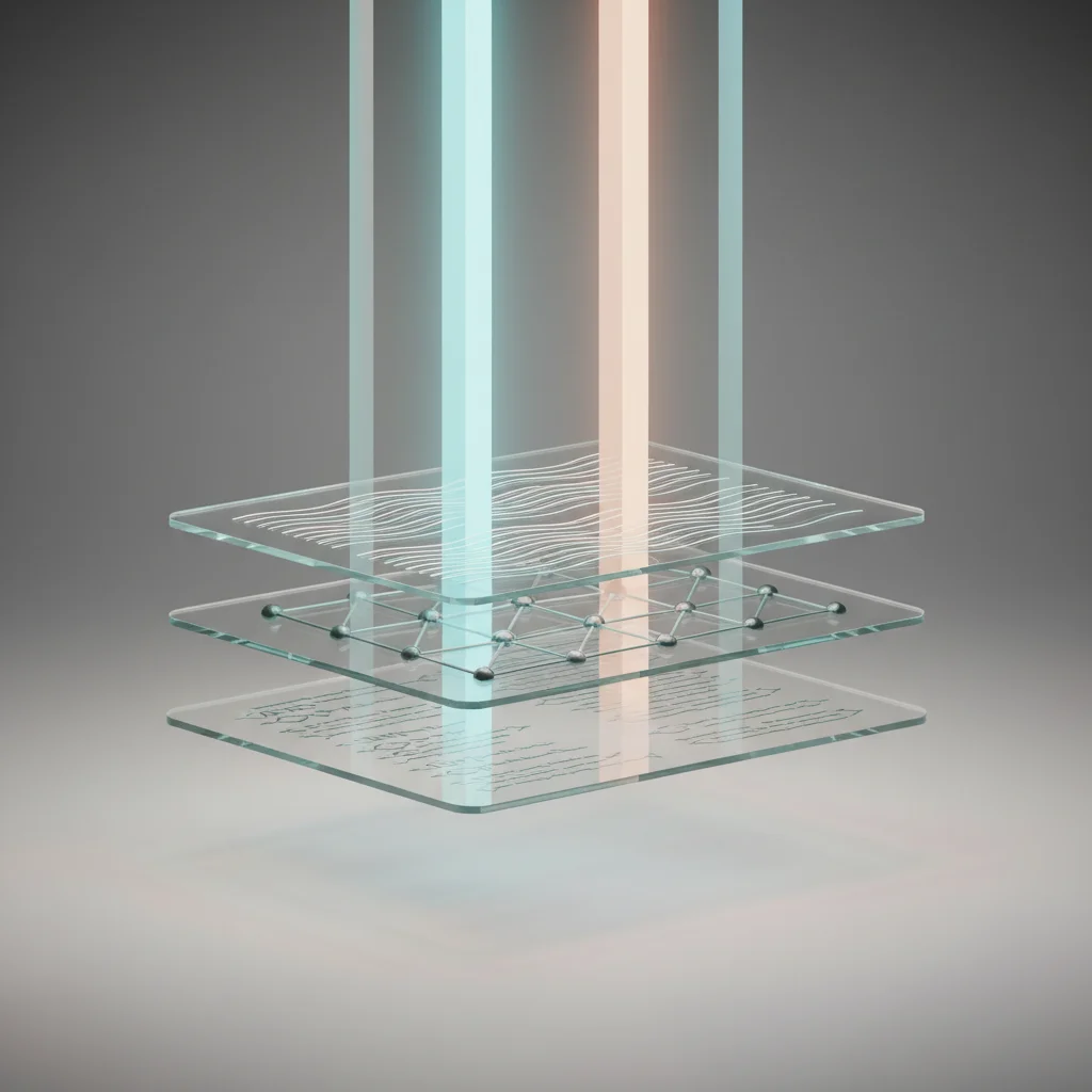 An editorial representation of structured web code converting into a transparent geometric layered structure, symbolizing semantic clarity and machine readability.