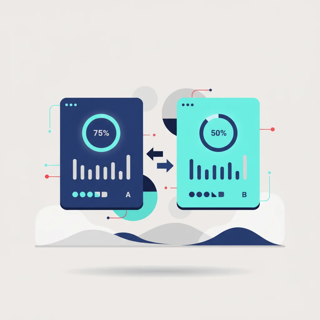 An abstract editorial graphic of clean dashboard metrics, A/B test splits, and data funnels