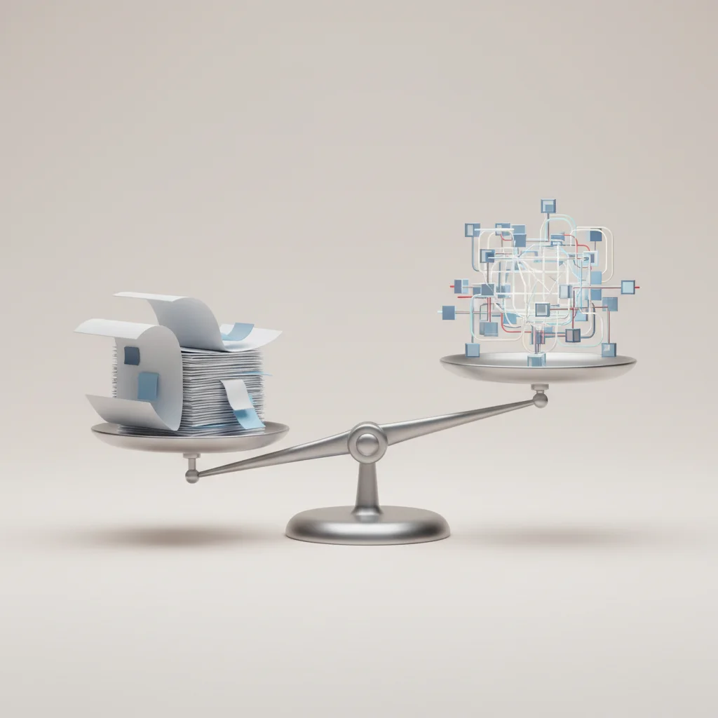 Abstract balance scale representing digital complexity versus traditional page counts