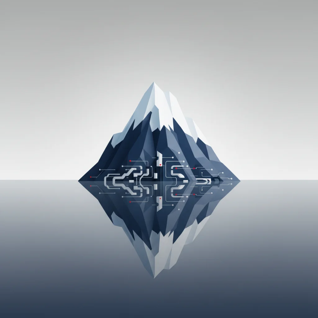 A beautiful ice-capped mountain peak reflecting on calm water with a massive submerged portion representing silent infrastructure