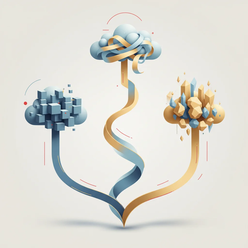Three distinct stylized pathways of light leading to abstract cloud architectures