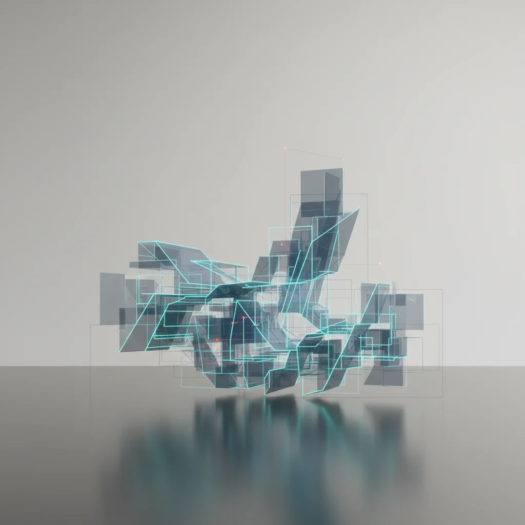 An abstract 3D wireframe of a complex digital structure constructed with light beams