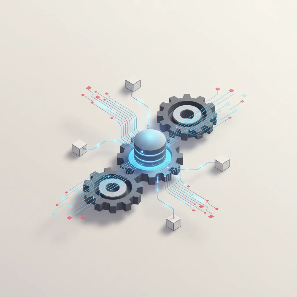 Interlocking mechanical gears transformed into digital data streams connecting external nodes to a central core