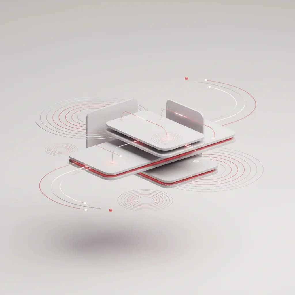 Abstract layers of a digital user interface floating in three-dimensional space with user flow paths