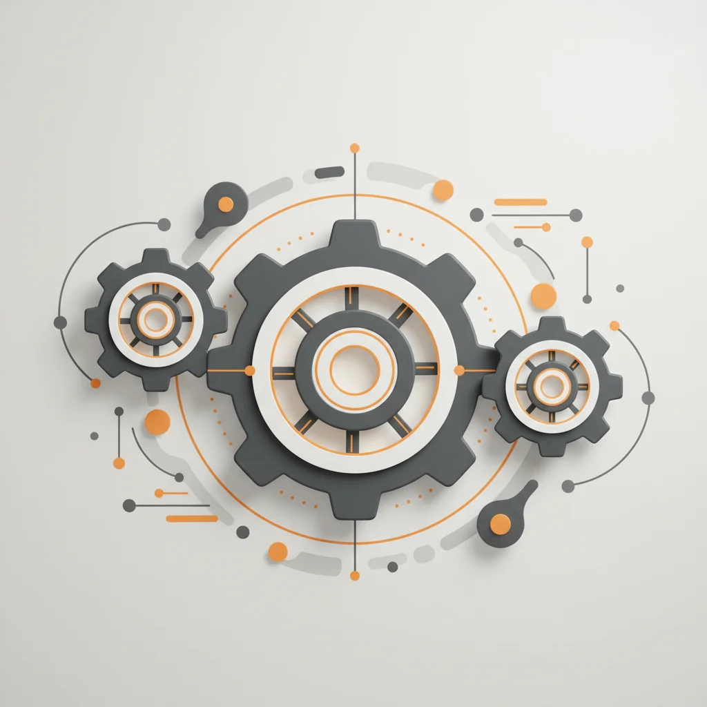 Three different sized gears working in perfect synchronization within an abstract corporate ecosystem