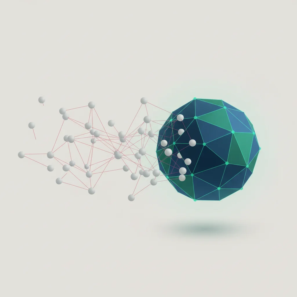 A professional abstract illustration showing a transition from a network of linked nodes to a unified central sphere of illuminated data representing consensus.