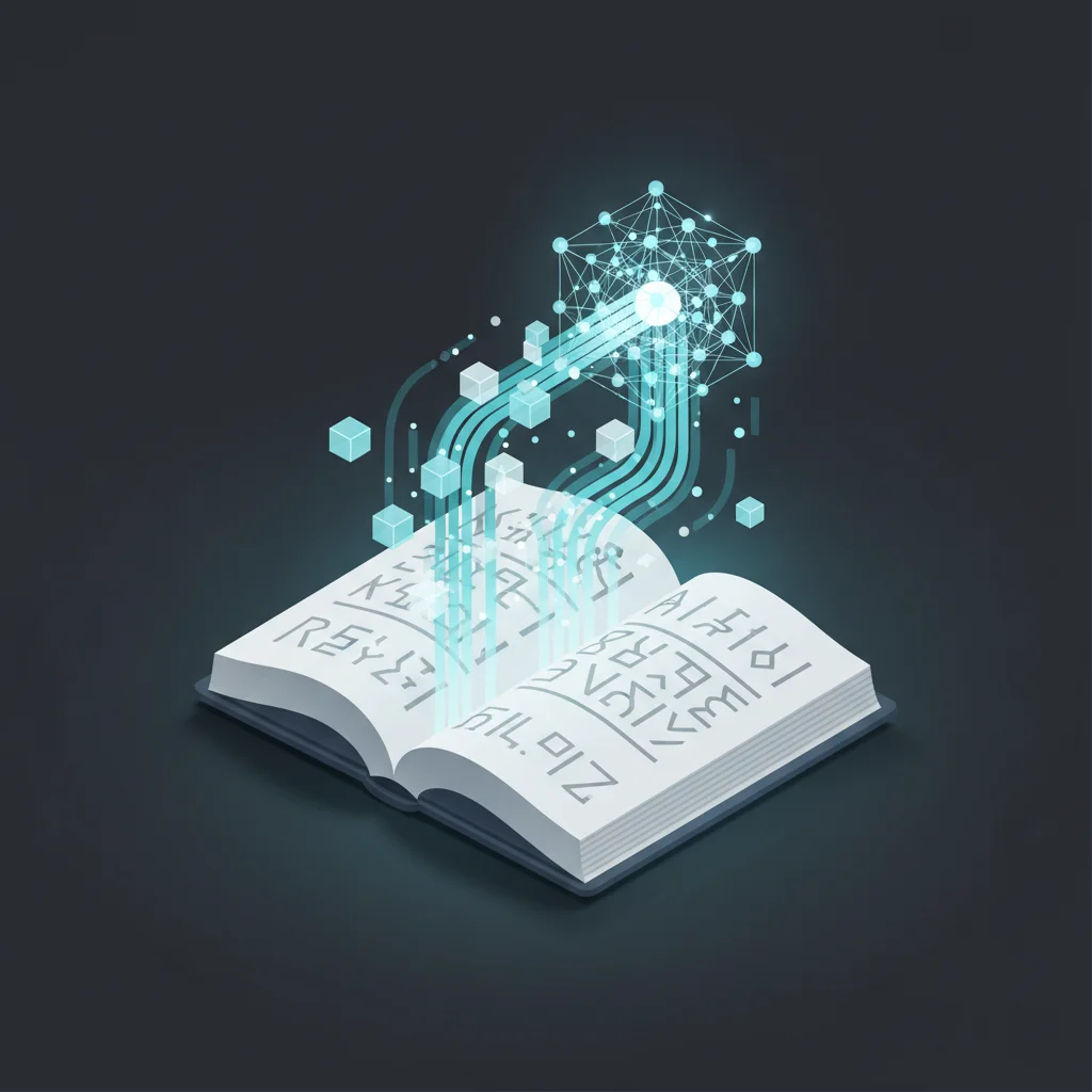 An editorial illustration of an open encyclopedia transforming into structured data streams, feeding into a digital brain.