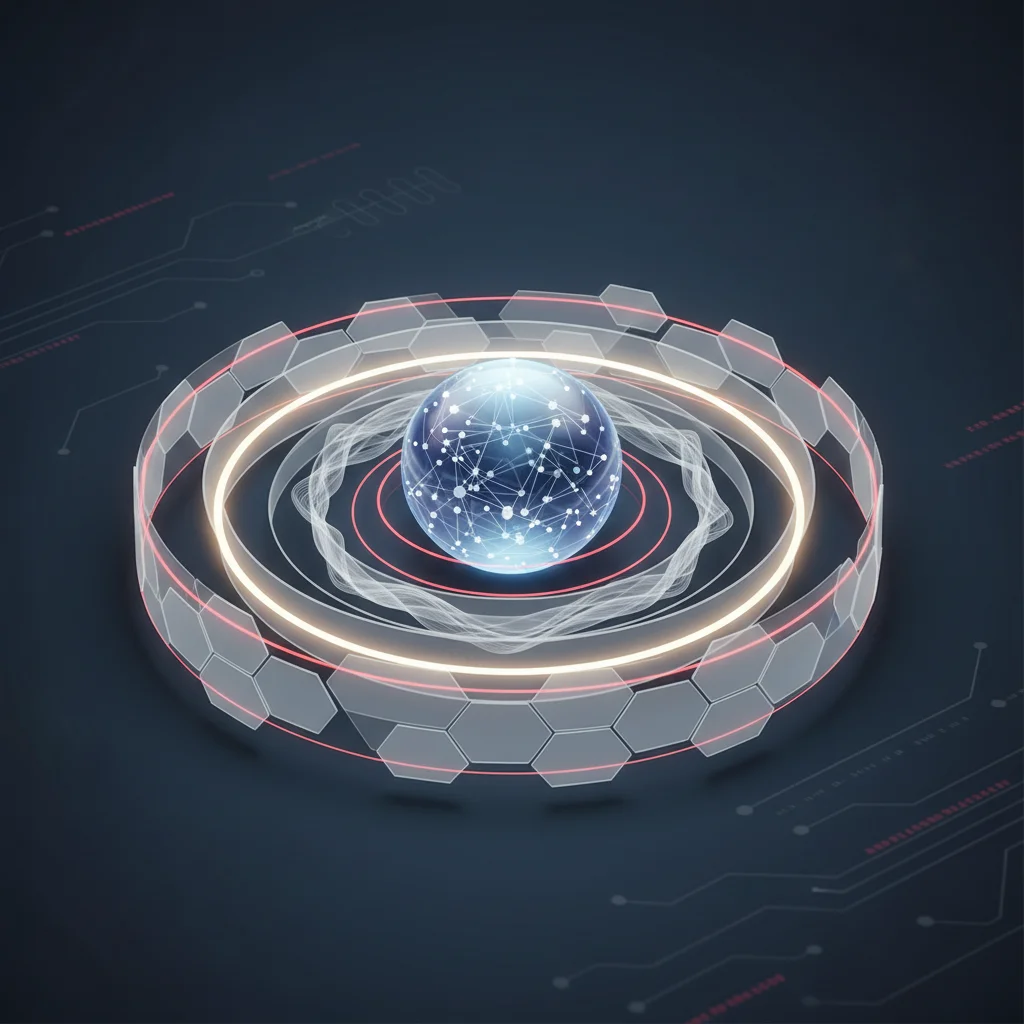 A symbolic editorial illustration of multiple concentric glowing circular shields protecting a data core