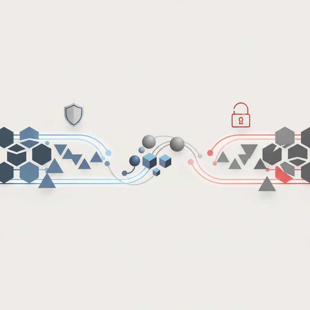 A symbolic editorial illustration depicting structured network nodes and data pathways connecting a client and server