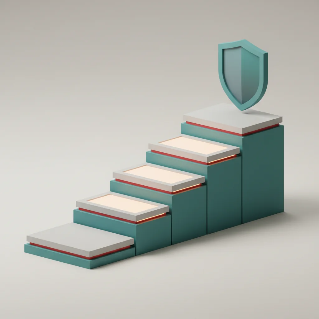 A symbolic editorial illustration representing structured steps or milestones ascending toward a secure goal