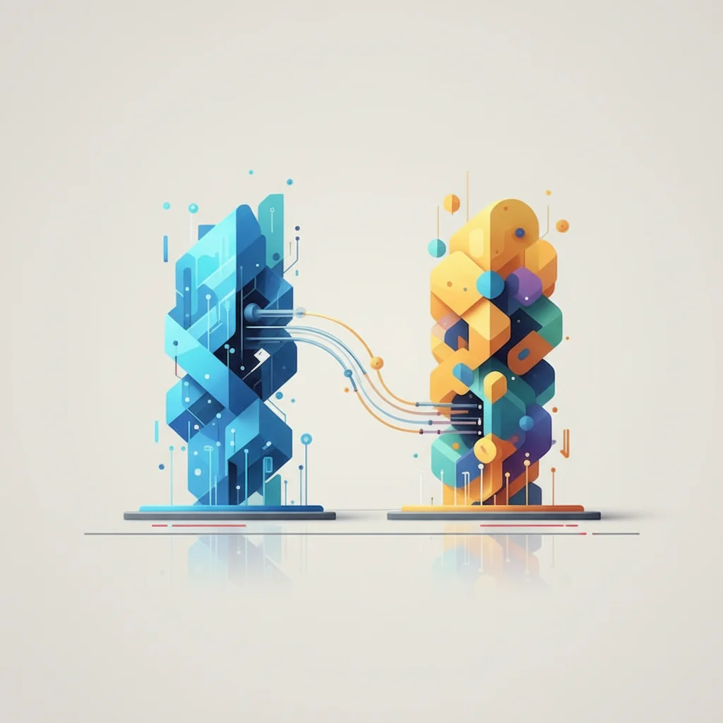 Two abstract digital architecture towers symbolizing Google Workspace and Microsoft Azure ecosystems side-by-side