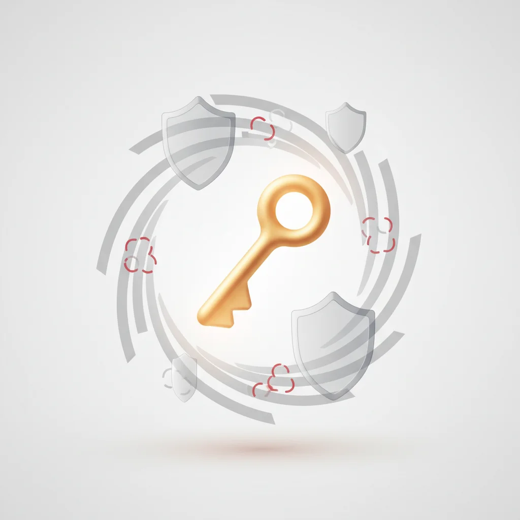 Abstract security visualization showing a glowing digital lock protecting stylized encrypted data keys
