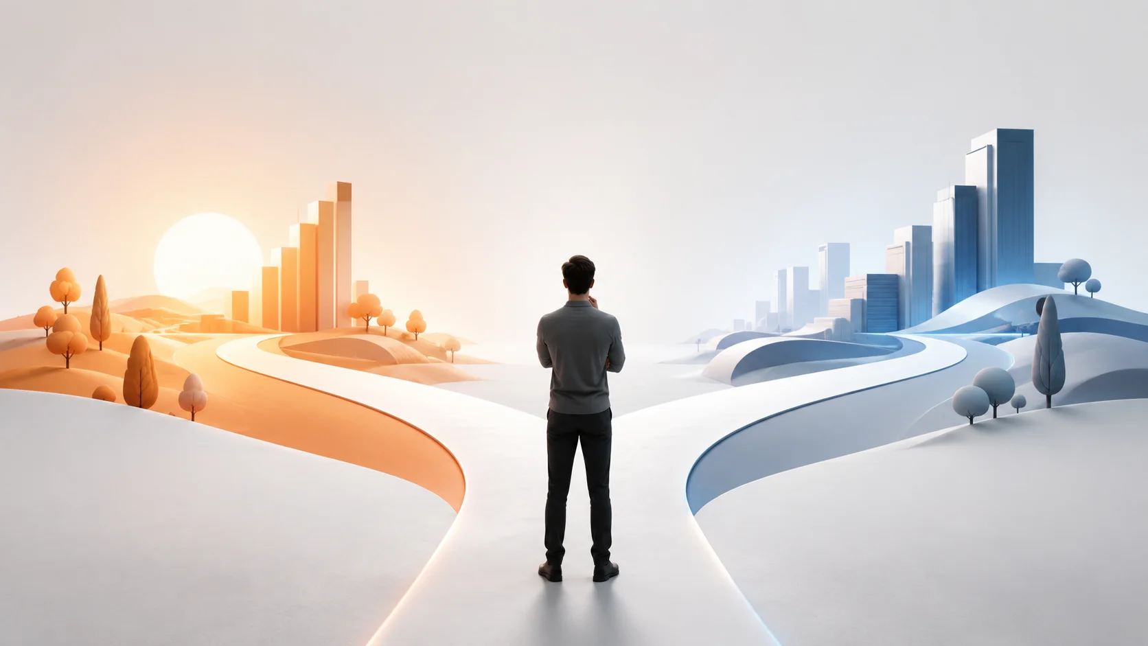 iOS ve Android platform seçimi arasında karar verme aşamasını simgeleyen soyut illüstrasyon.