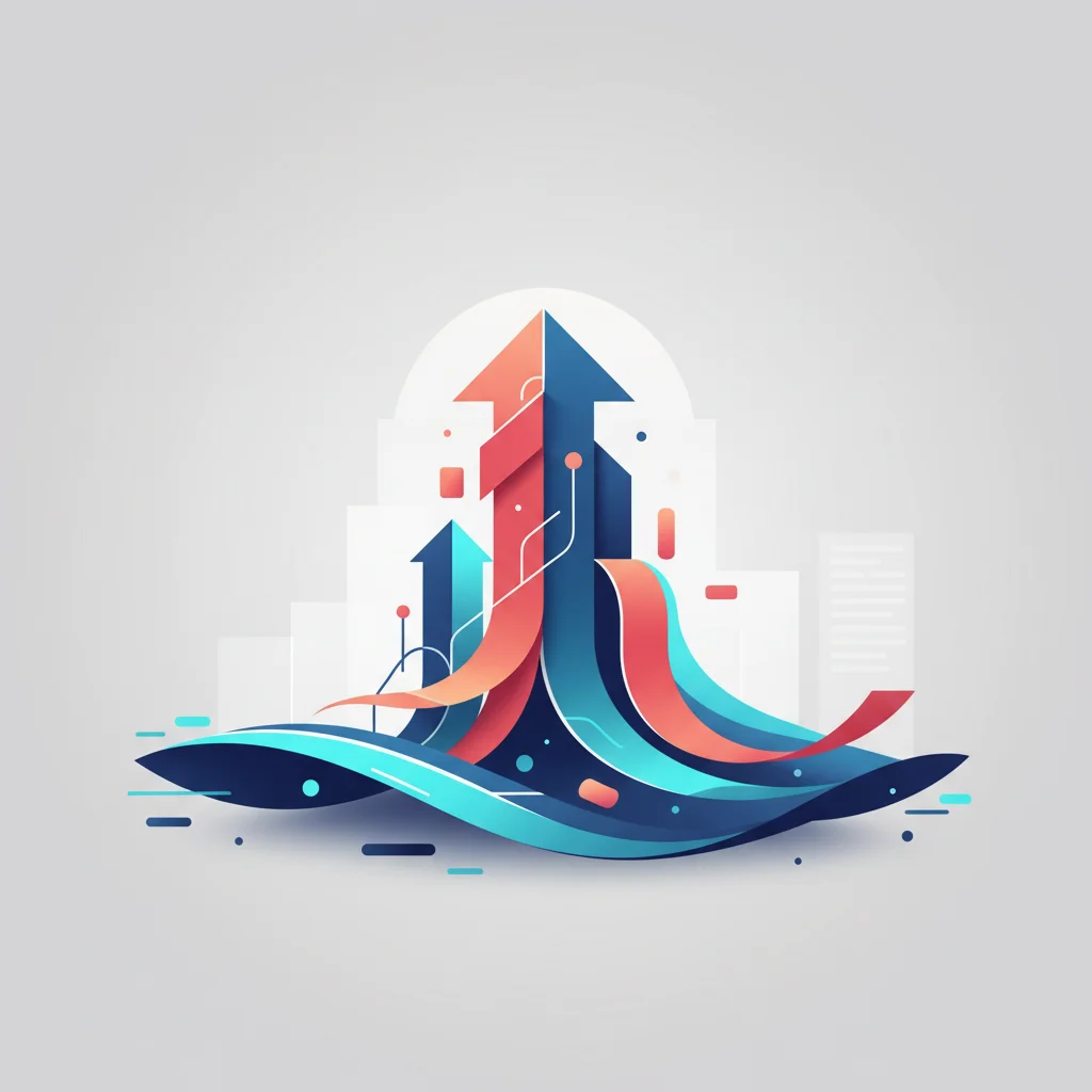 A futuristic horizon line with stylized ascending graphs rising towards the sky representing growth