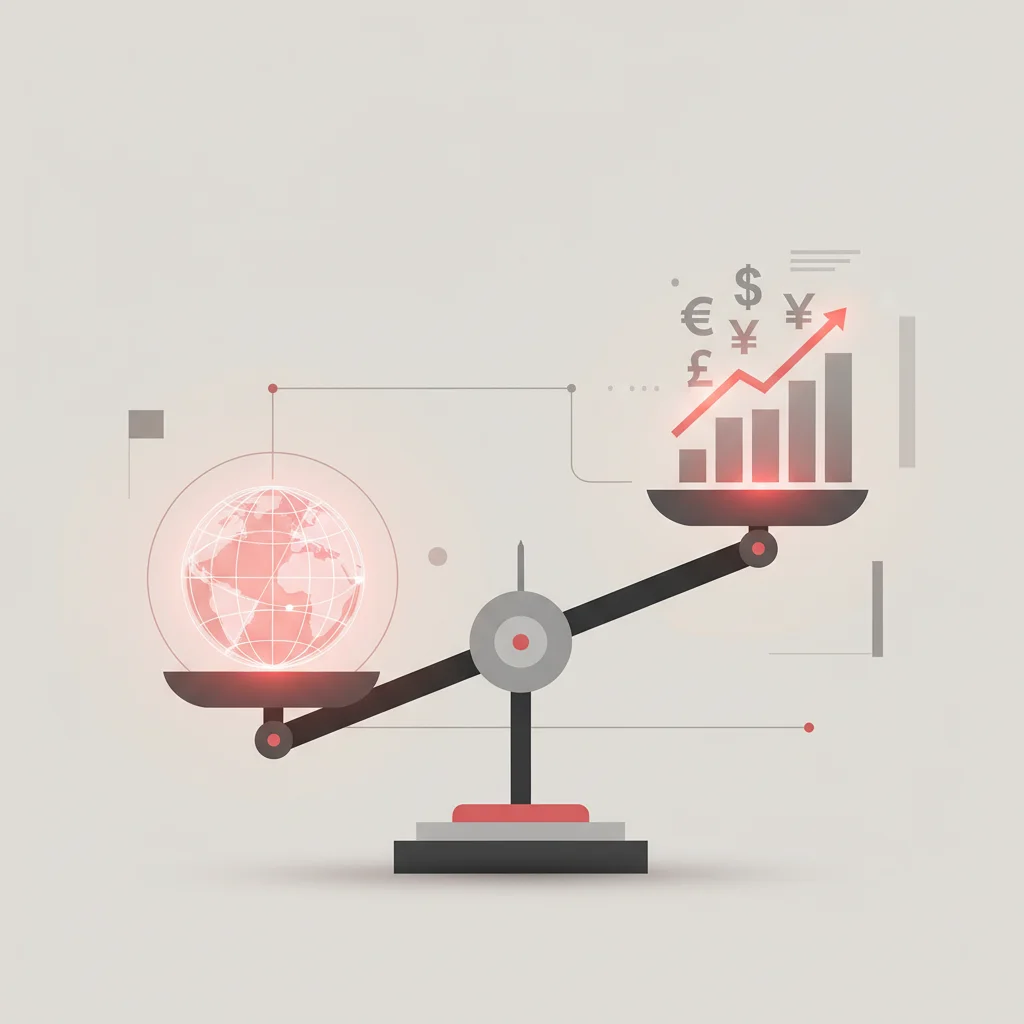 An editorial illustration showing a balancing scale with a globe on one side and currency symbols on the other