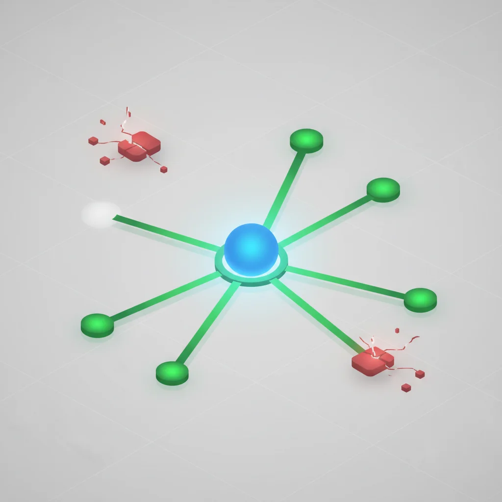 A professional 3D visual representing a healthy website backlink network with secure green nodes, contrasted with toxic red disconnected nodes