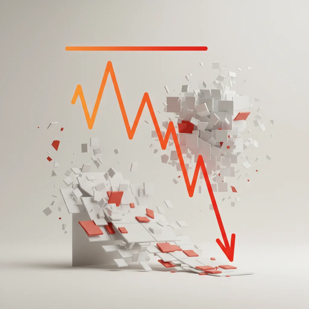 An editorial graphic representing a steep downward trend line on a chart with warning red alerts, symbolizing organic traffic loss