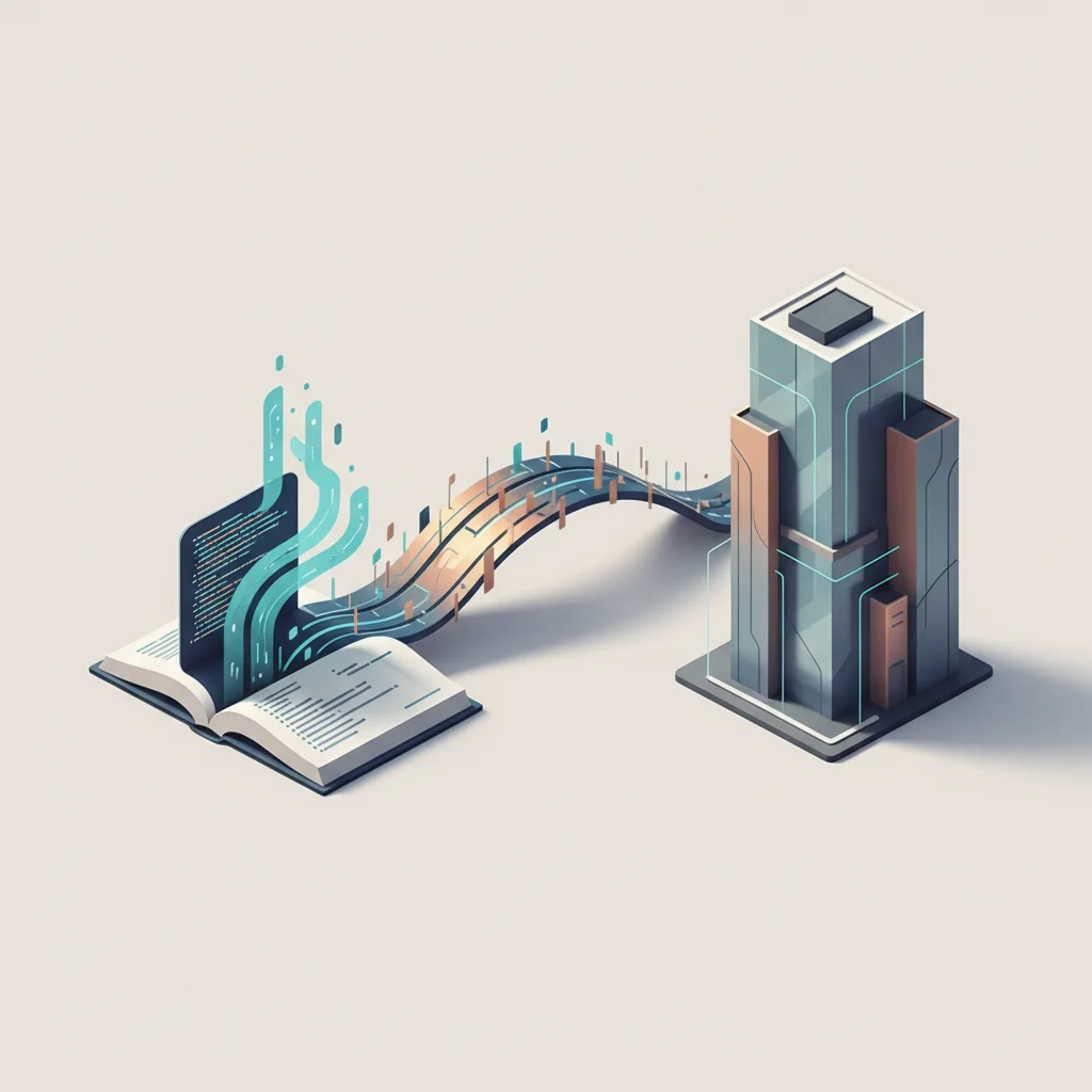 Symbolic editorial illustration showing a professional pathway bridging informal education and corporate software development