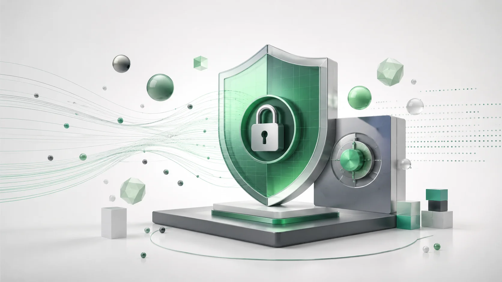 A symbolic editorial graphic representing data security, compliance, and regulatory shields