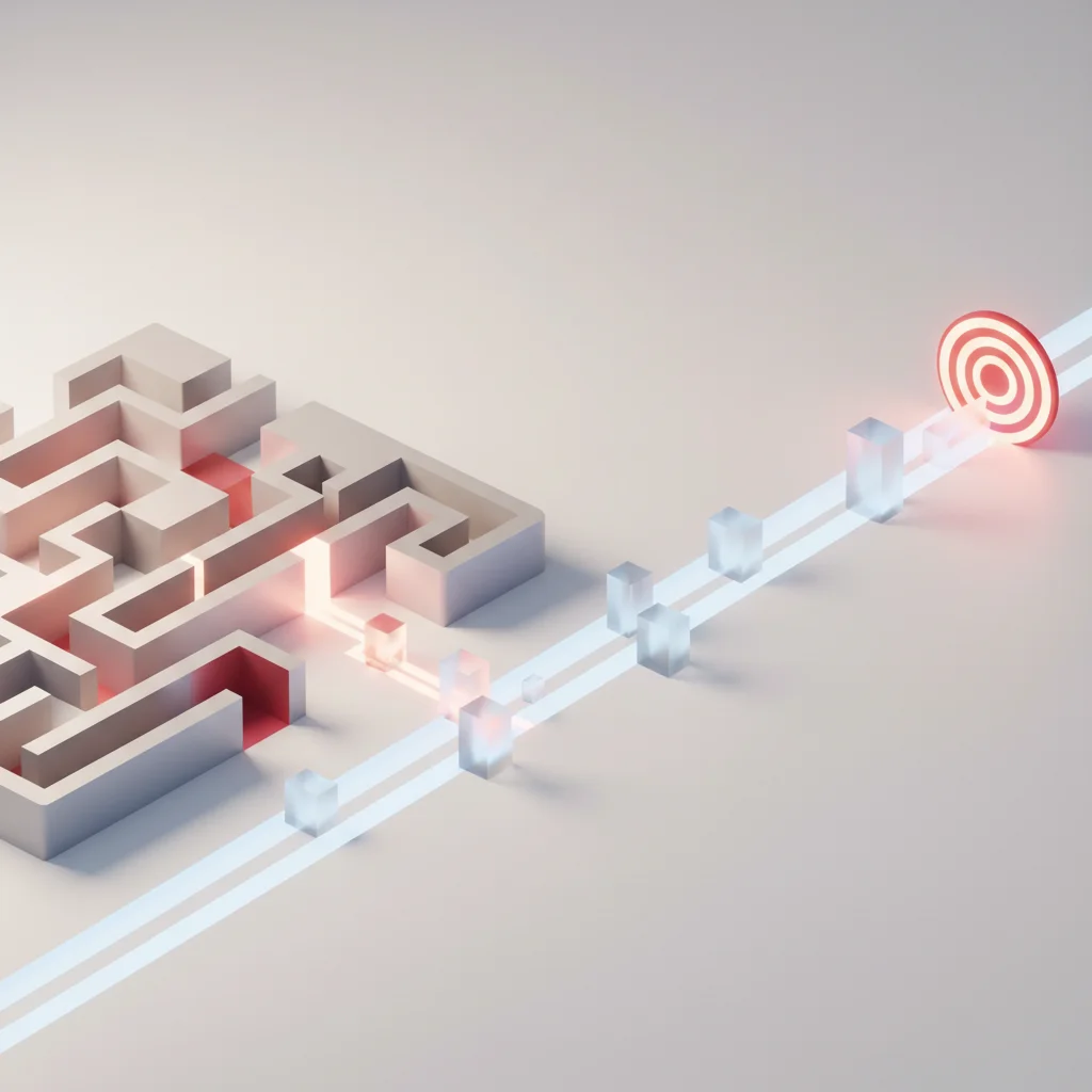 A minimalist conceptual architectural rendering showing two pathways: one branching out into multiple avenues and the other moving in a single direct channel towards a bright gateway.