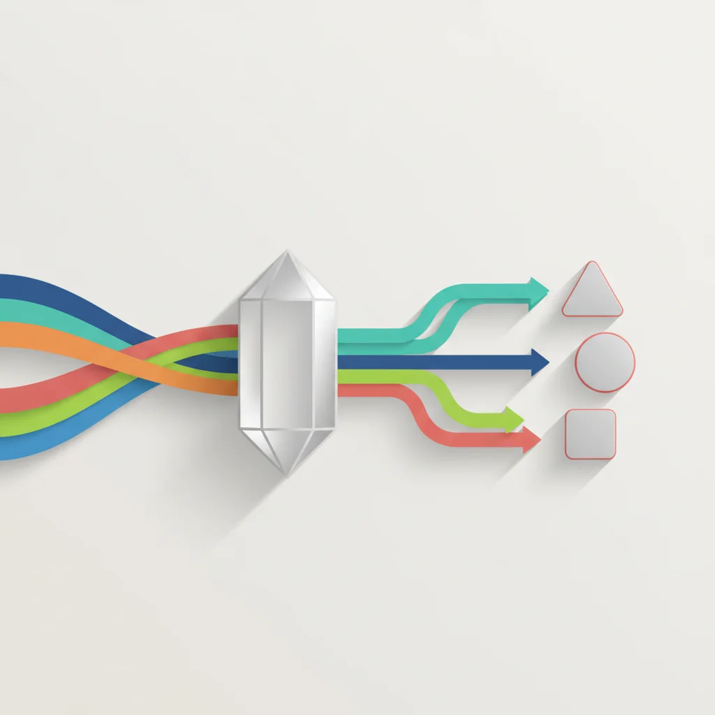 A conceptual illustration of a sorting prism separating a mixed light source into highly directed beams targeted at specific receptors.