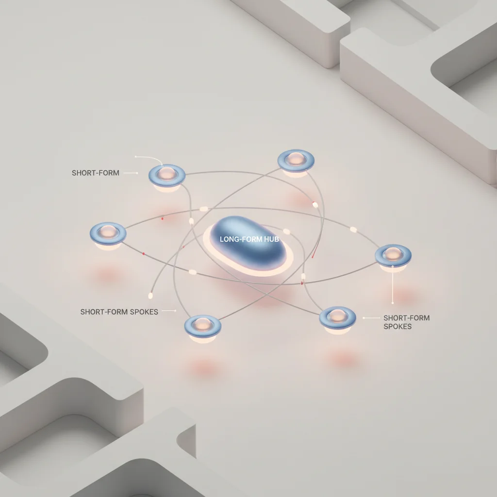 A symbolic editorial illustration in 16:9 aspect ratio representing a central structural hub connected to outlying nodes, with no text or labels.