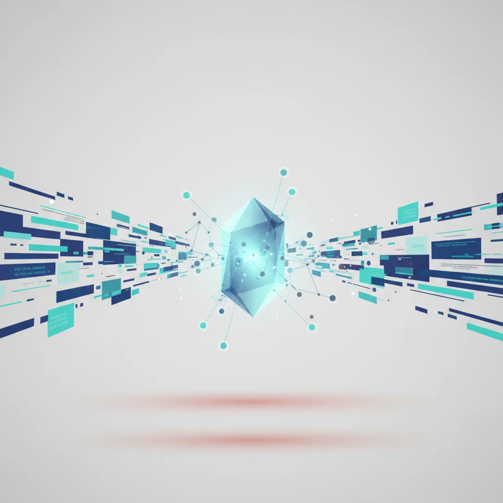 A symbolic editorial illustration in 16:9 aspect ratio representing a digital network transforming unstructured text into clean vector streams, with no text or labels.