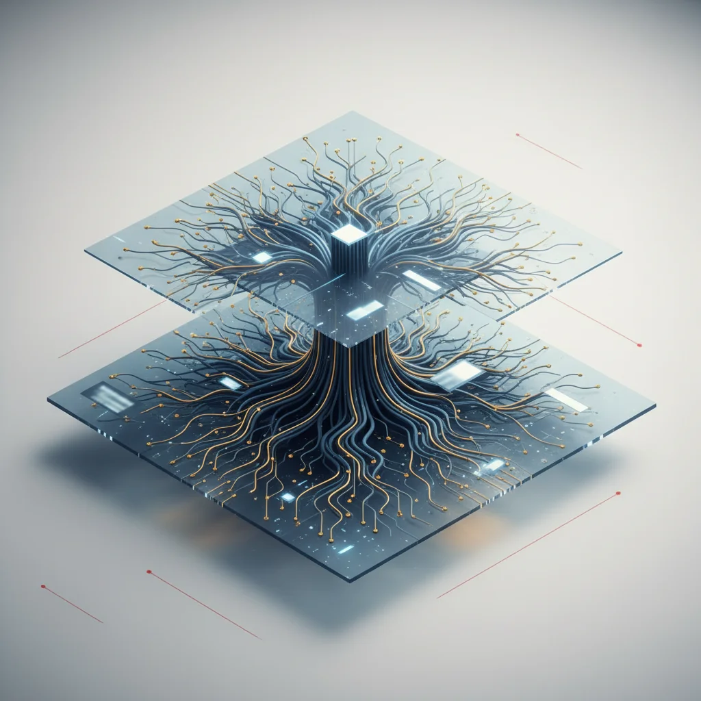 A symbolic editorial illustration in 16:9 aspect ratio showing a multi-layered structure of deeply rooted nodes representing comprehensive knowledge, with no text or labels.