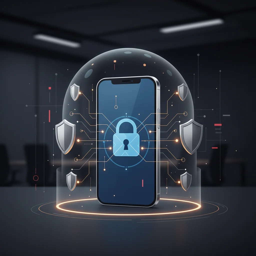 A modern smartphone reflecting a corporate security network interface with abstract glowing data shield nodes representing secure mobile ecosystem.