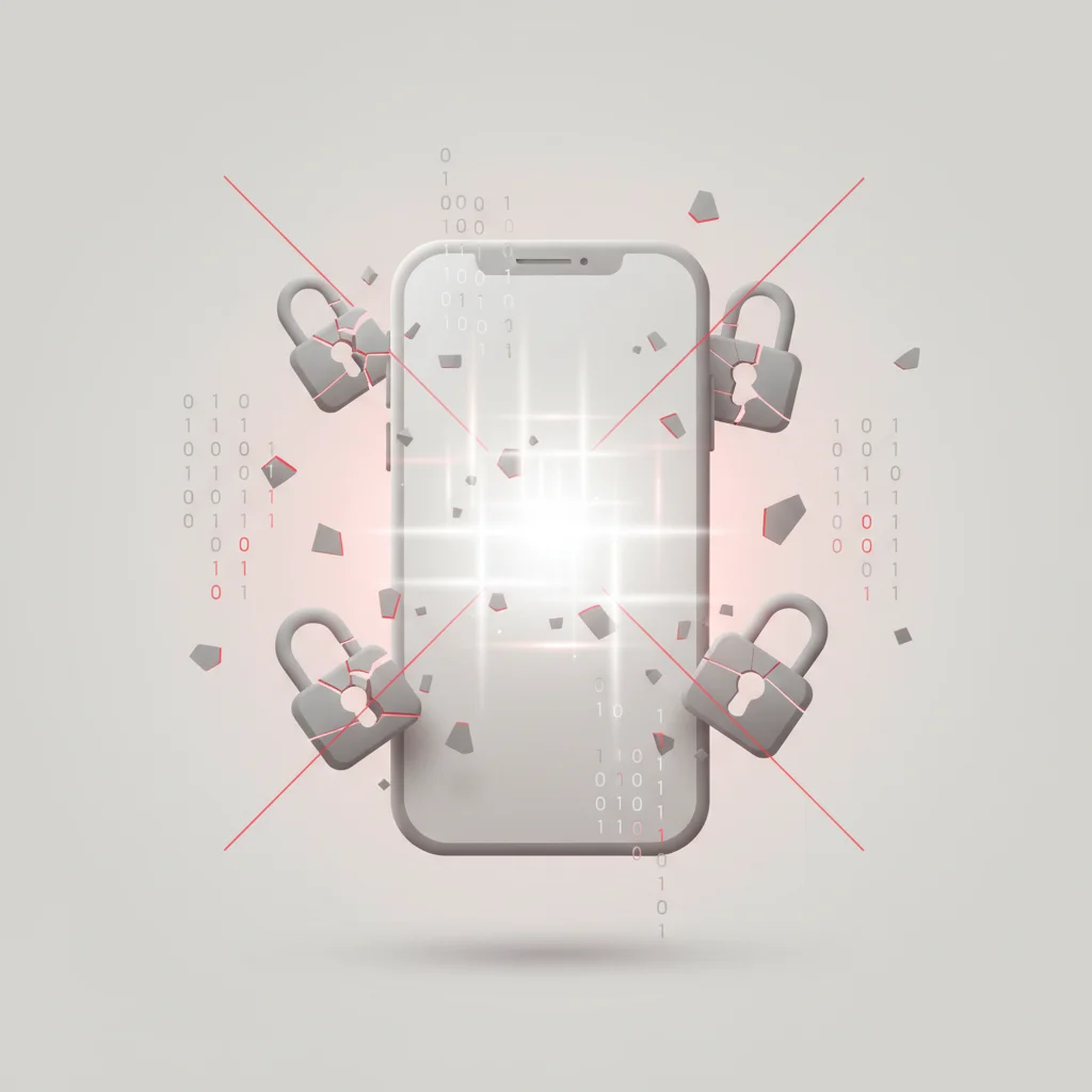 An abstract editorial illustration showing digital code vectors breaking into a glowing mobile platform, symbolizing security vulnerabilities.