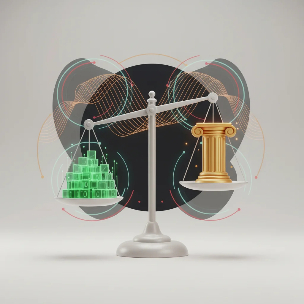 A symbolic illustration of a digital scale balancing data packets and a golden paragraph/law book icon.