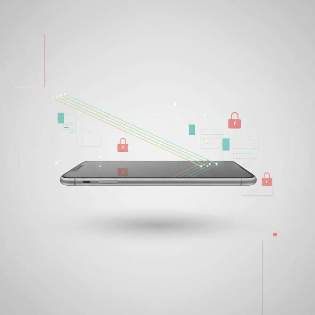 A conceptual illustration of digital scanning beams analyzing a smartphone for security bugs and weak code points.